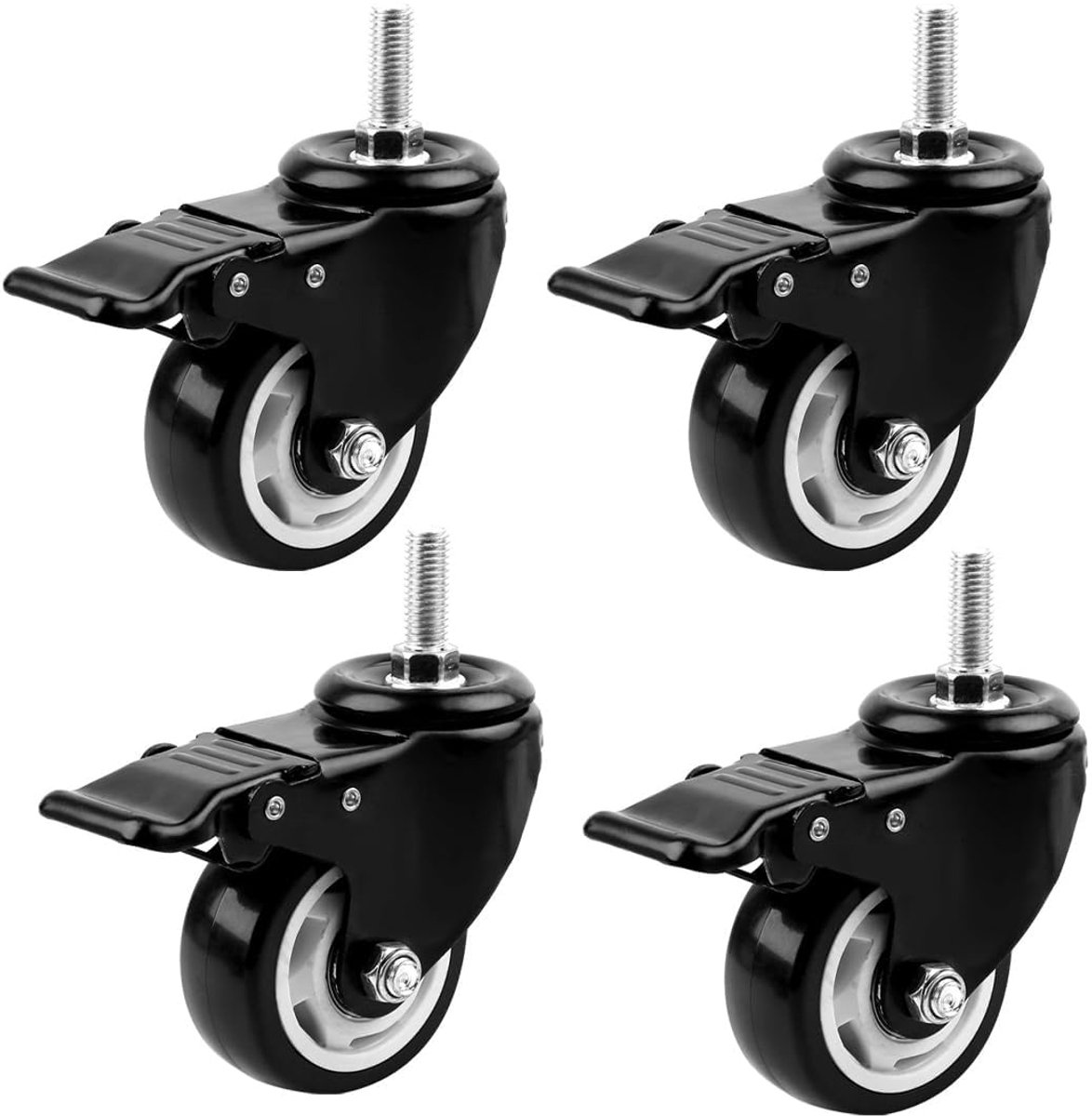 Zwenkwielen met rem M8×25mm, zwaarlastwielen 50mm voor meubels, schroefdraad M8, rubberen zwenkwielen, geruisloos & zonder strepen, draagvermogen 210kg.