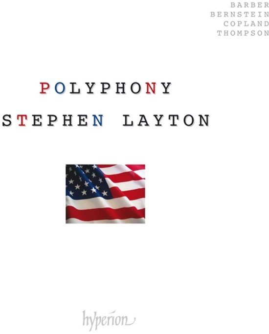 Albumhoes "Polyphony" met dirigent Stephen Layton, namen van componisten, een Amerikaanse vlag en het "hyperion" logo.