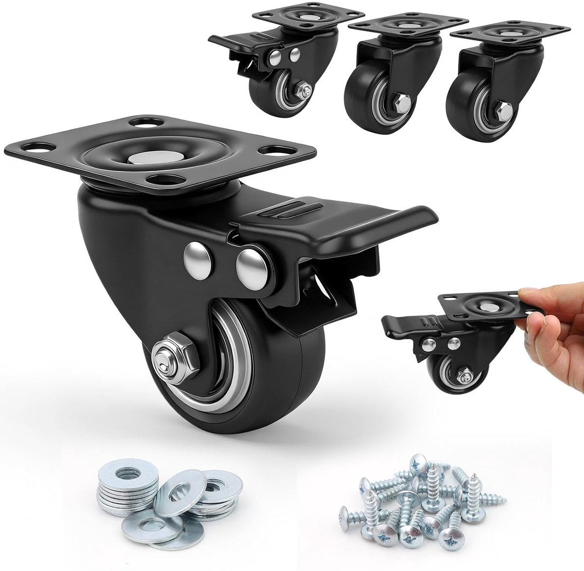 4 stuks kleine meubelwielen, 38 mm, zwenkwielen, meubelwielen met 90 kg totale capaciteit, mini-wielen voor meubels, universele rubberen wielen (2 meubelwielen met rem en 2 zonder)