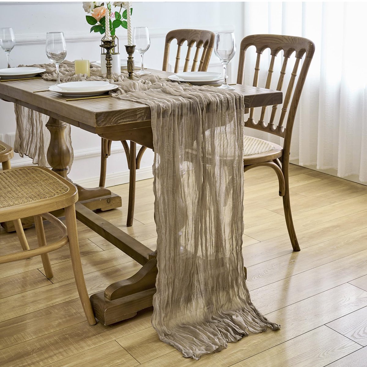 Tafelloper, zeefdoek tafelloper, Boho gaas stof kaasdoek, rustieke tafelkleed voor bruiloftsdecoratie tafeldecoratie, 90 x 300 cm (bruin, 90 x 300 cm, 6 stuks)