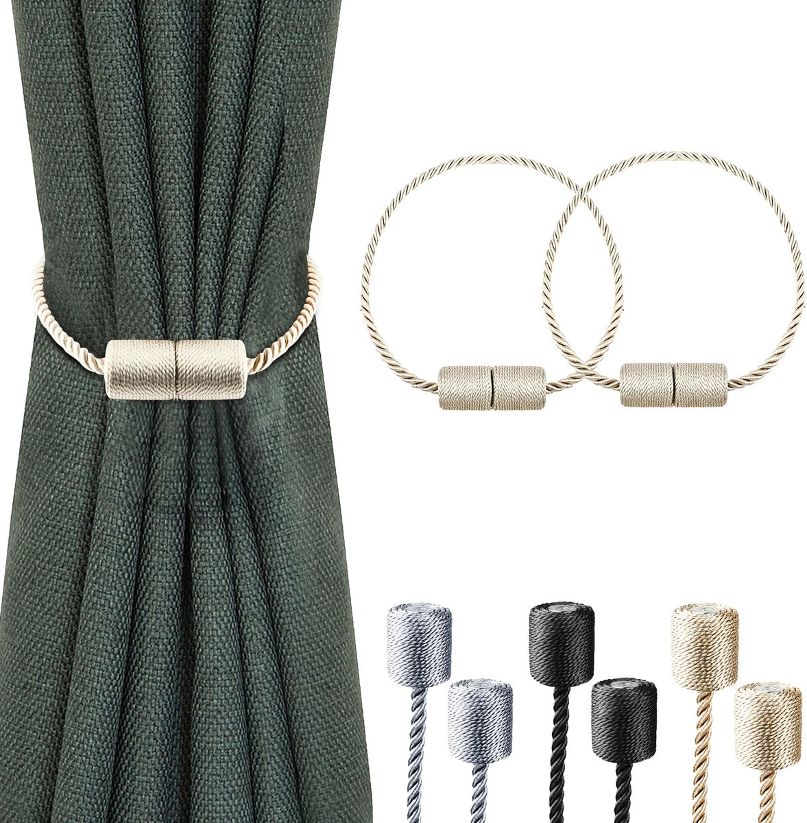 sterke magneetgordijnen, 2 stuks, met dikke, decoratieve holdbacks voor gordijnen, raamgordijnen, beige