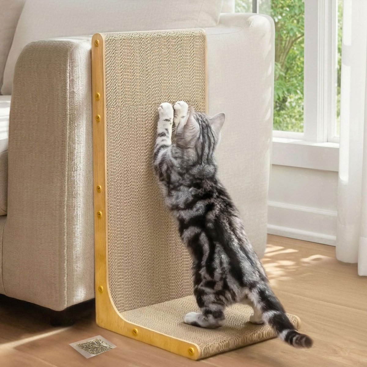 Kartonnen kattenkrabber, 58 cm L-vorm krasmat, wandmontage, verticale krabpaal, duurzaam karton om meubels voor binnenkatten te beschermen, houtnerf groot