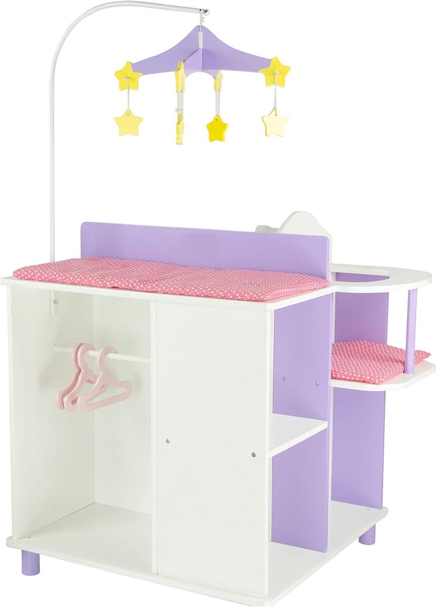 Poppen commode - Baby station - Poppen verzorgen - Inclusief accessoires - 58 x 48 x 98 cm - Paars/Wit – foto 2
