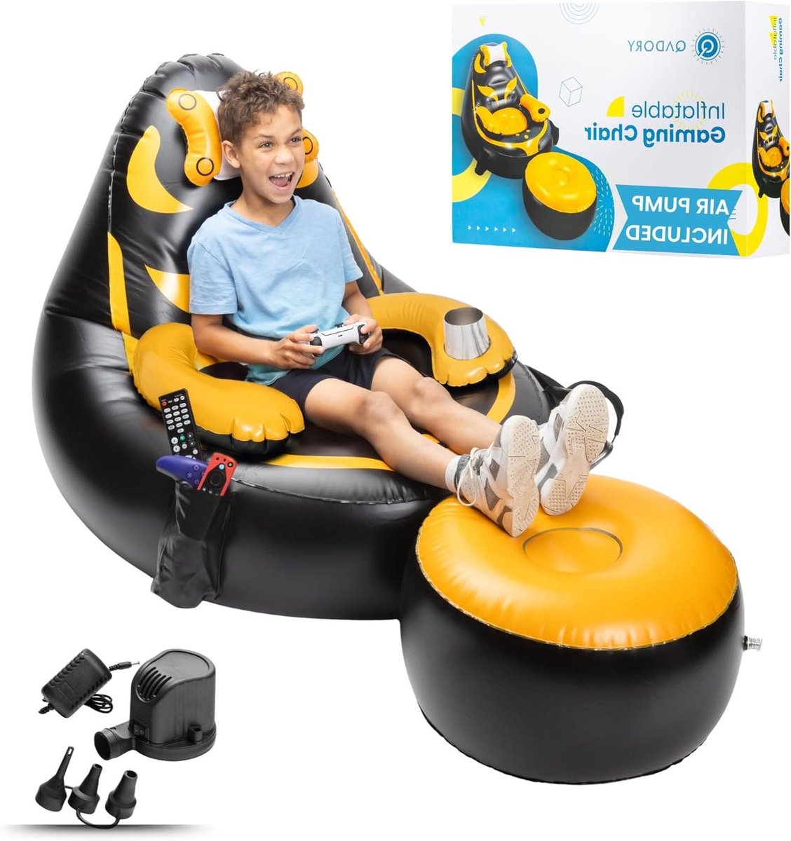 Kinderspeelstoel - Opblaasbare stoel - Comfortabel gamen - Met bekerhouder - Tot 136 kg - Zwart