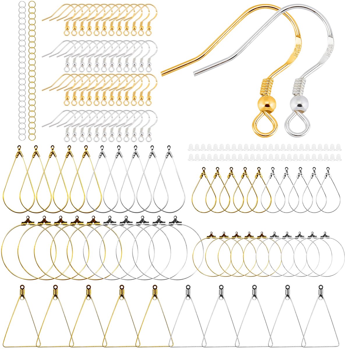 Oorbellen te maken, zilverkleurig, hypoallergene oorhaken, oorknopjes, geometrische vorm, goud en zilver, voor het maken van sieraden (925 oorbellenset)