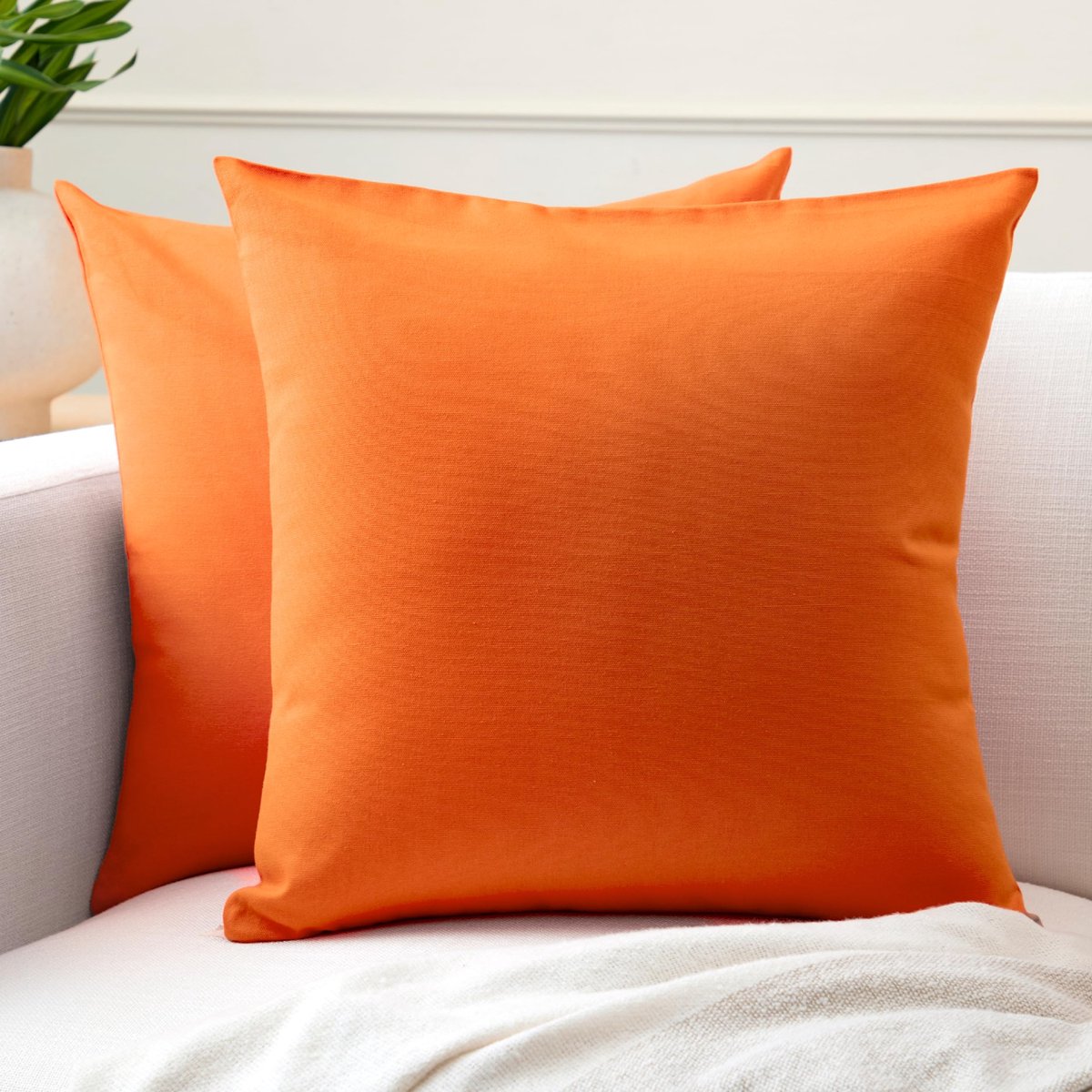 Homes Cushion Covers 2pc set (45 x 45 cm) - Oranje - Solid Dyed Cotton Canvas, Decoratieve Grote Vierkante Wasbare Kussenhoesjes voor Woonkamer, Sofa, Slaapkamer, Huis & Hotel