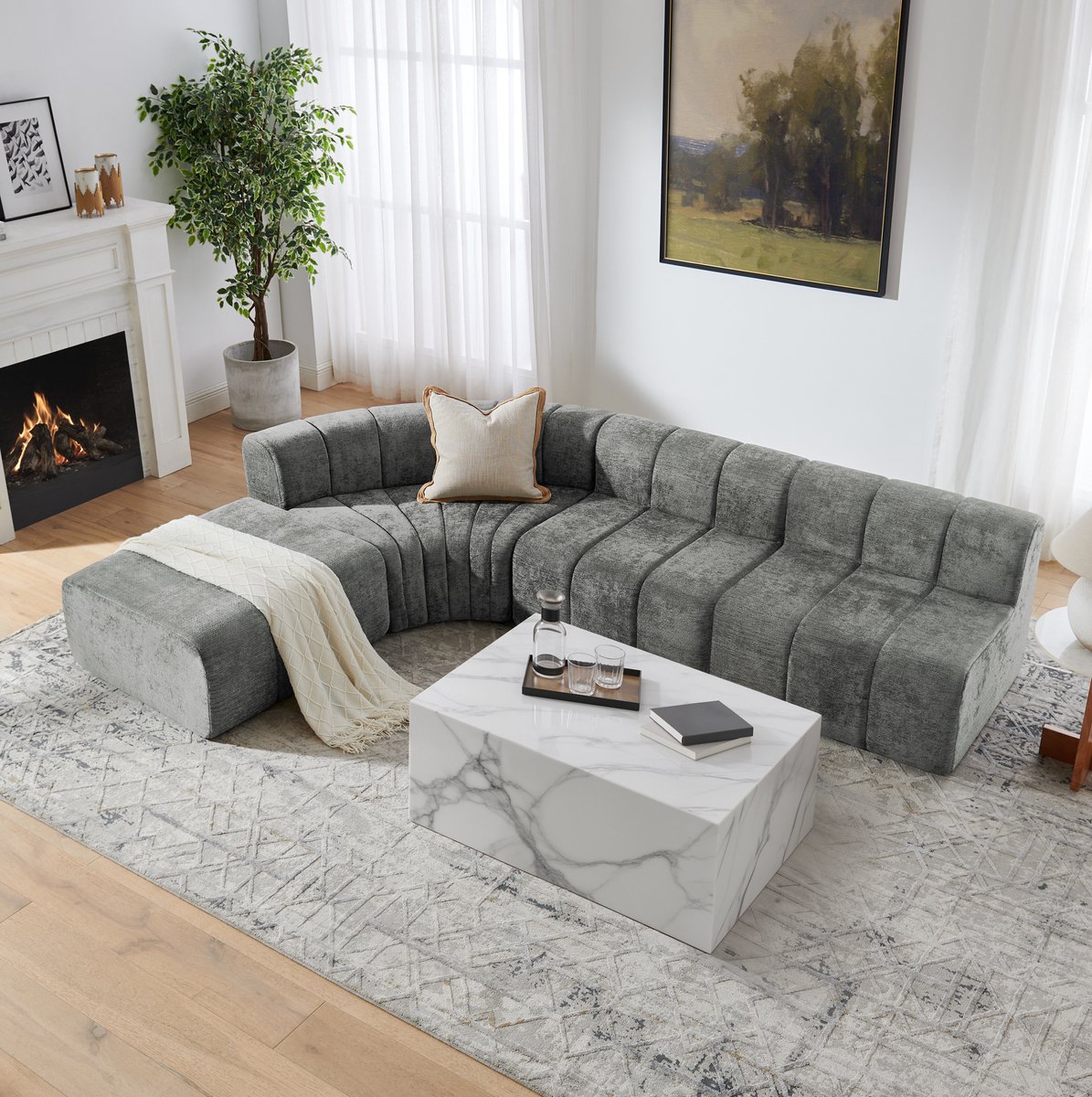 MIVRAY Hoekbank 285 x 203 cm - Modulair 4-zits Bankstel Met Vrij Combineerbare Elementen - Voor Woonkamer - Chenille Grijs