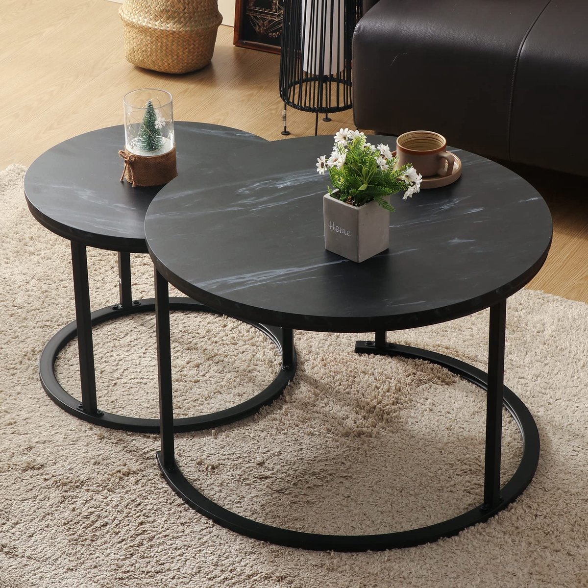 Ronde salontafel, set van 2, houten salontafel, moderne woonkamertafel, bijzettafelset met metalen frame voor woonkamer, balkon, kantoor (zwart)