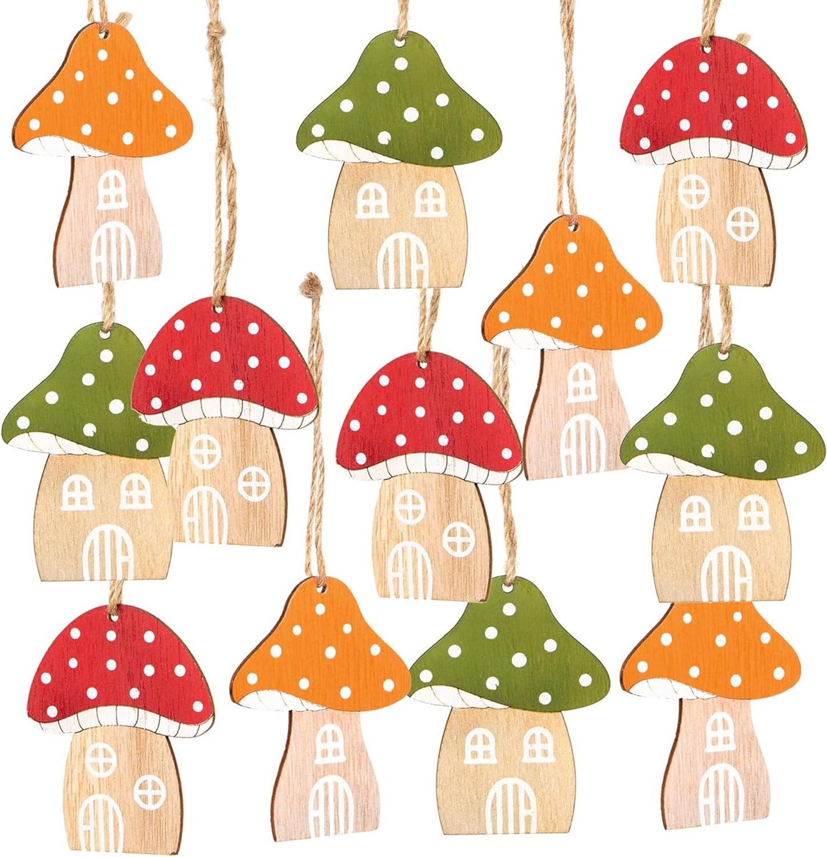 Paddenstoel hangers - Herfstdecoratie figuren - Huis versieren - Massief hout - 8 cm - Rood groen oranje