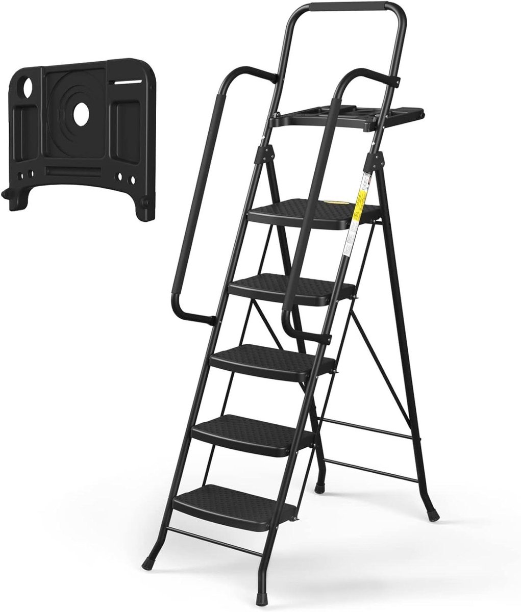 Opvouwbare Trap - Vouwladder Stevig - Klusklare Hulp - Met Gereedschapsbakje - 5 Treden - Zwart