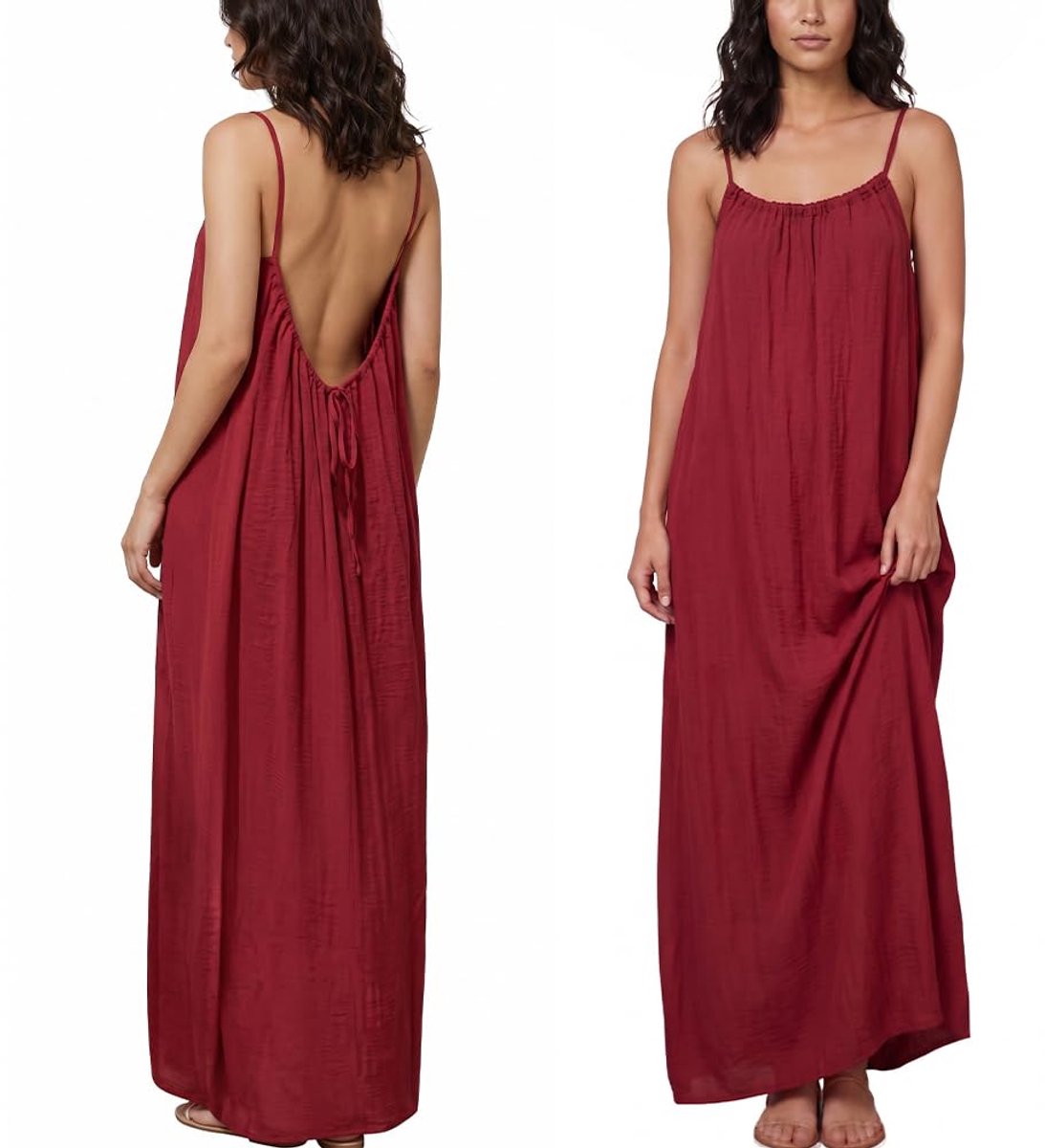 Aomig Spaghettibandjes vrijetijdsjurk, dames zomerjurk, mouwloze lange strandjurk, elegante maxi vloeiend open rug, casual partyjurk voor vakantie, strand, huis, effen (bordeauxrood-M)