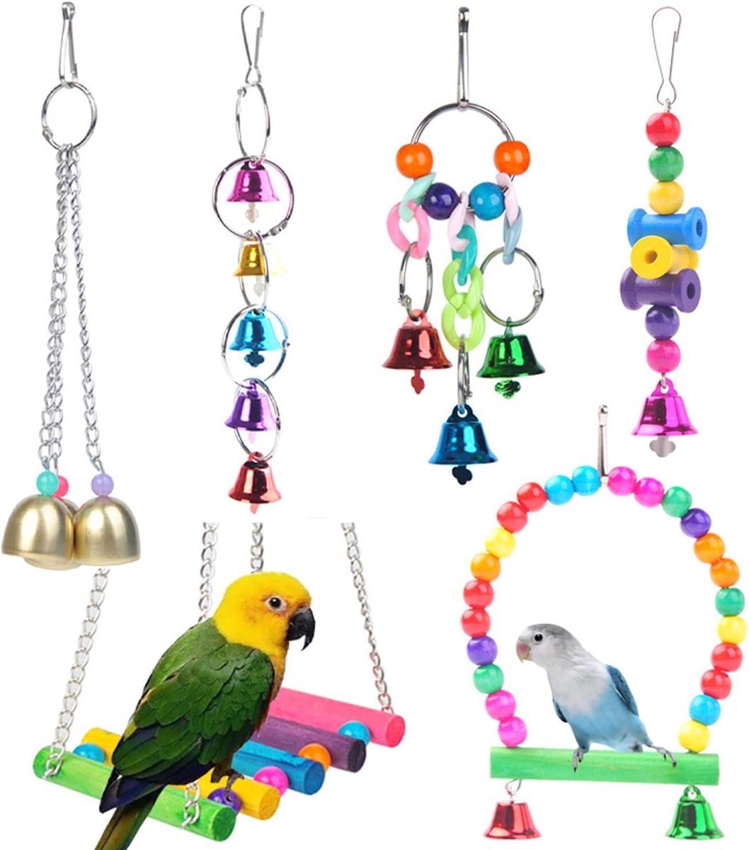 Vogelspeelgoed Set - Papegaai Speelgoed - Vogelkooi Verrijking - Natuurlijk Hout Materiaal - 6 Delig - Multicolor