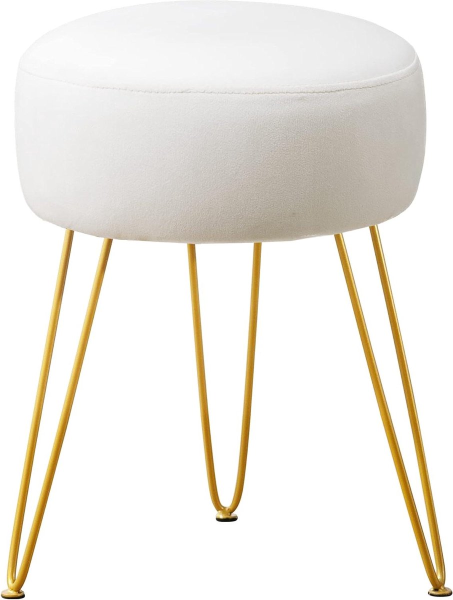 Kaptafel Kruk - Make-up Stoel Poef - Voeten Rusten - Fluwelen Kussen Goud - 457 cm Hoog - Wit