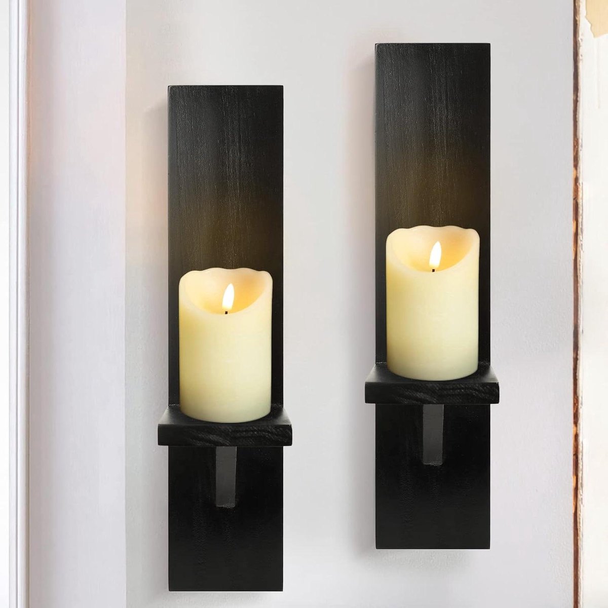 Wandkandelaars Set - Kaarsenplank Wanddecoratie - Woonkamer Sfeerverlichting - Handgemaakt Rustiek Design - 39.5 cm Hoog - Zwart