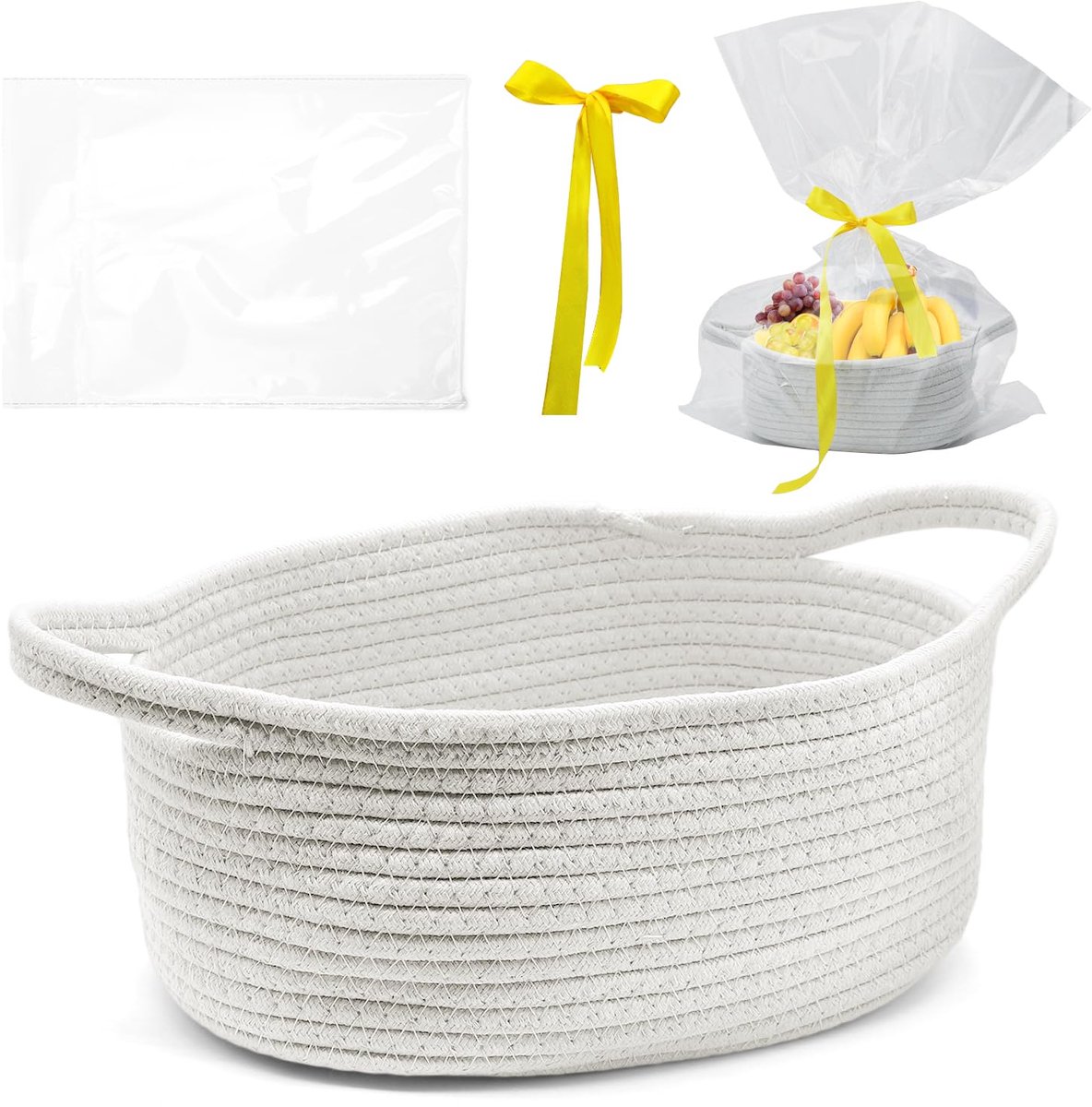 Leeg Geschenkmand Gevlochten met Cellophane en Lint, Mand Geschenk Katoenen Touw Manden voor Geschenken, Feestdagen, Verjaardagen (Wit)