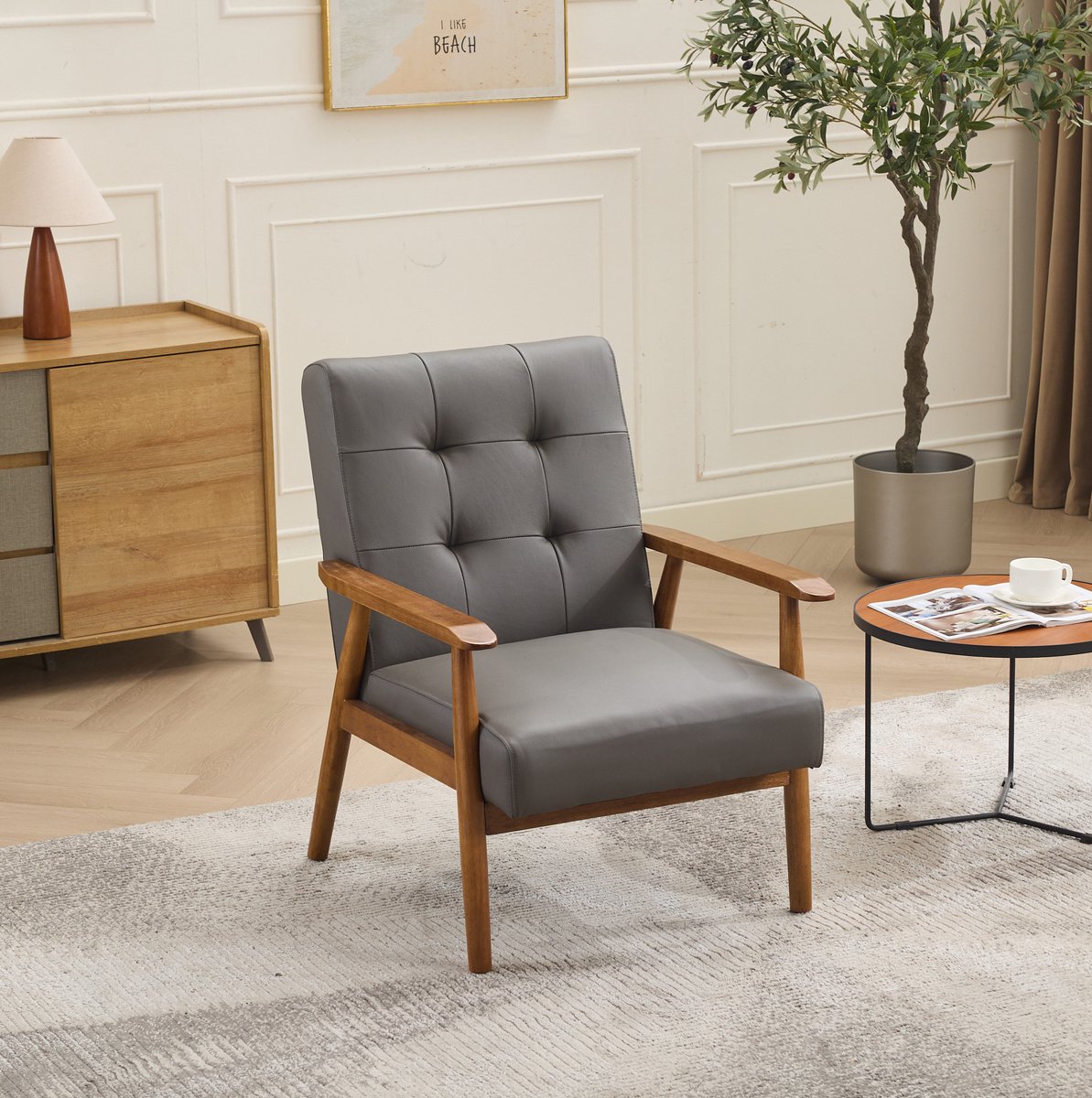DESMIU Fauteuil 64 x 80 x 83 cm - Handgemaakte Loungestoel Met Armleuningen En Gecapitonneerde Rug - Voor Woonkamer Slaapkamer En Thuiswerkplek - Leer En Hout Grijs