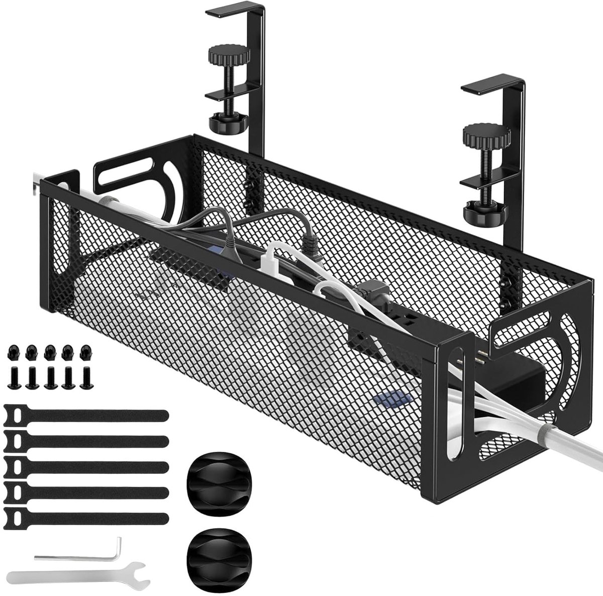 kabelbeheerlade voor onder bureau met klembevestiging, metalen draadorganizer zonder boor, zijopening ontwerp koord organizer mand, kantoortafelaccessoires voor thuis, internetcafé, keuken