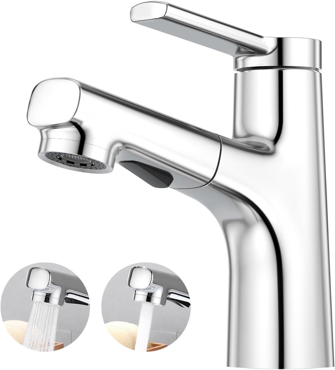 Kraan Zwart met Uittrekbare Sproeier met Douche, Eengreeps Mengkraan Kraan Badkamer Wastafel, gepolijst verchroomd
