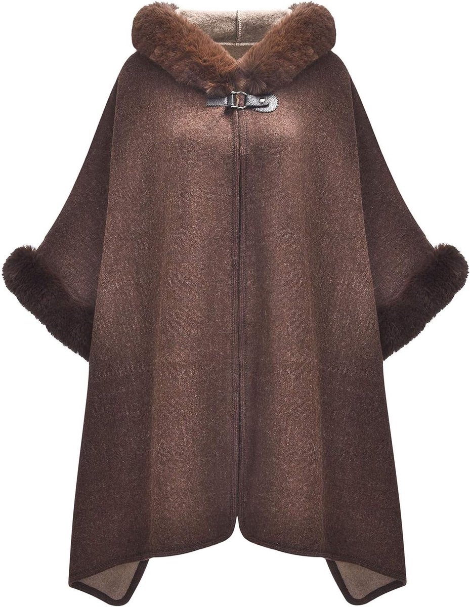 Vrouwen Winter Hooded Poncho Cape Faux Fur Warm Vest Trui Mantel, Bruin, One size