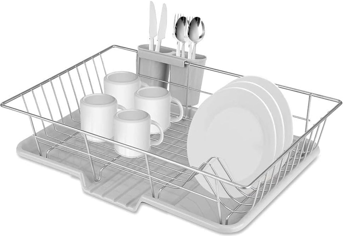 Afdruiprek van roestvrij staal, afdruiprek, servies met afvoer, afdruiprek, afdruiprek, stalen instelling, multifunctionele opvangbak, bestekmand, afdruipbak, keuken