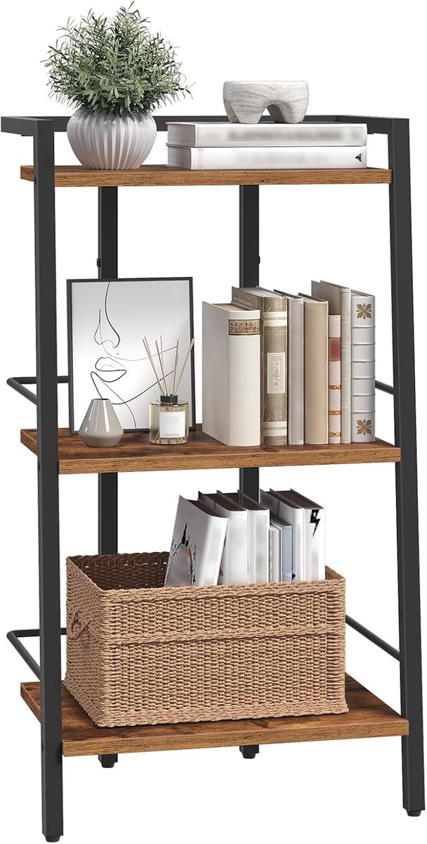 Boekenrek, 3-Laags Industrieel Boekenrek met Zijrails, Vrijstaand Opbergrek, Ladderrek voor de Woonkamer, Slaapkamer en Thuiskantoor, Rustiek Bruin en Zwart ALSHR3301