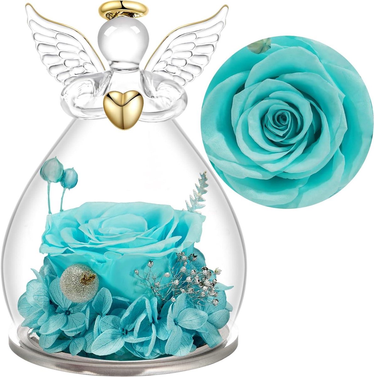 Eeuwige Roos Engel - Rozen Decoratie Glas - Cadeau Geven - Echte Geconserveerde Roos - 7x7x10.5 cm - Paars