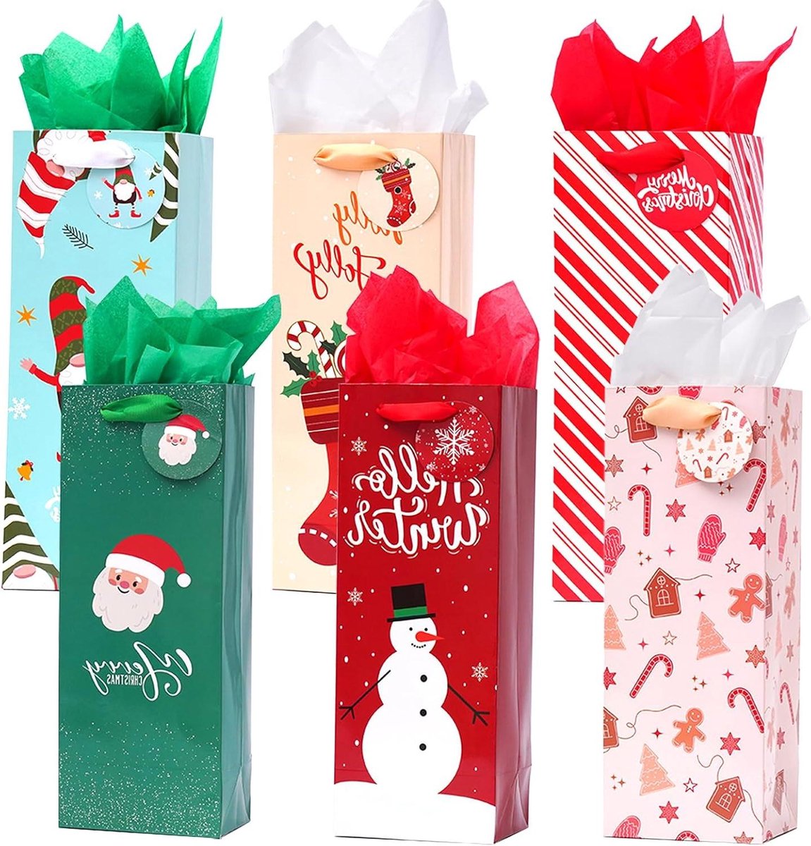 Kerst Wijn Geschenkzakken - Wijntassen Kerst - Flessen Inpakken - 6 Verschillende Ontwerpen - 12 Stuks - Multicolor