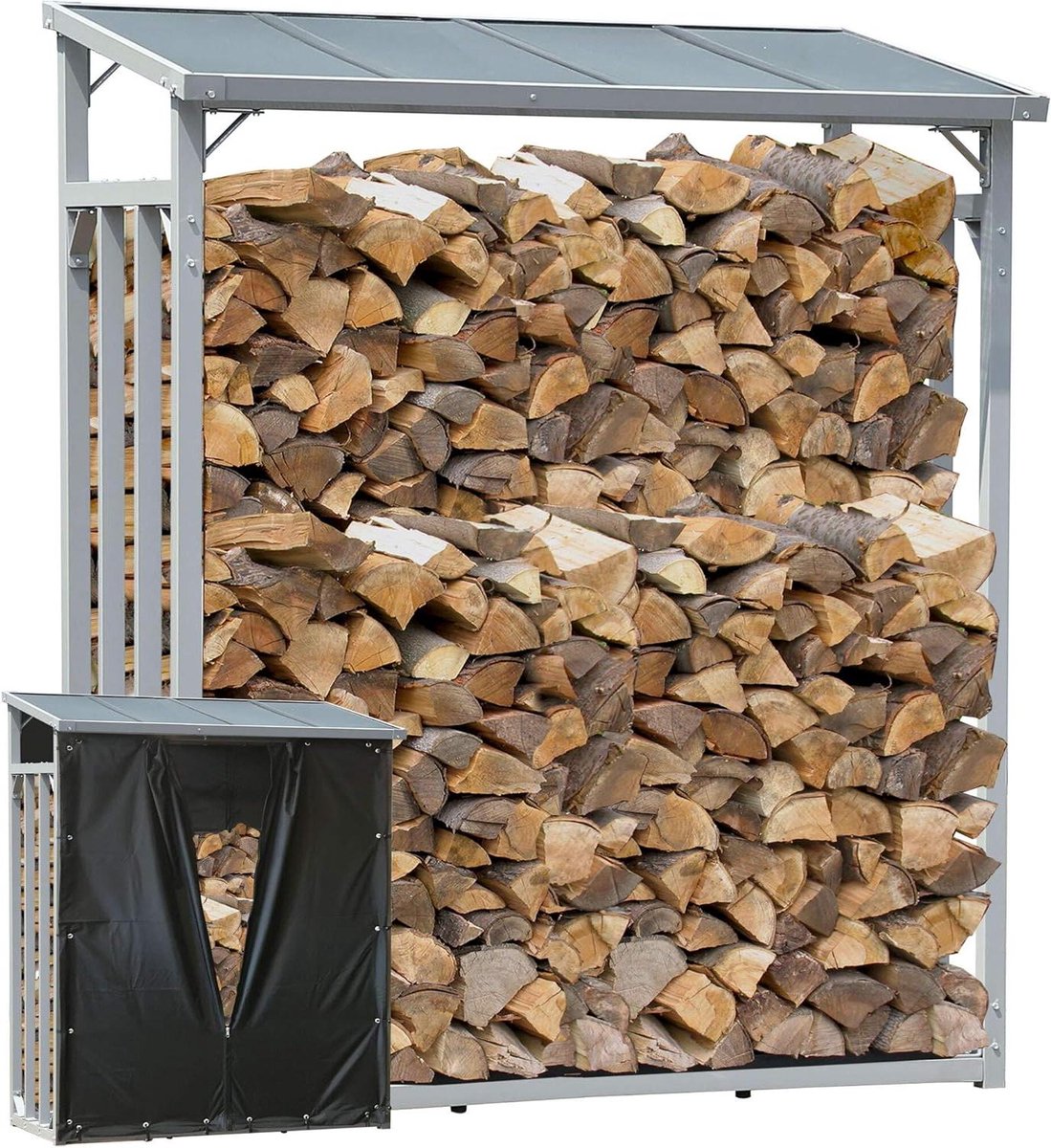 Houthok met Dak - Haardhout Opslag - Tuin Opslag - Roestvrij Aluminium - 130 x 70 x 185 cm - Grijs