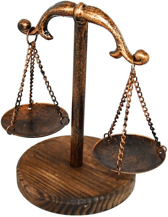 Vintage stijl metalen justitie weegschalen sieraden display, Weegschaal lade cosmetische organisator, sieraden opslag, unieke middenstuk standaard met houten basis ¨C brons van vintage — afbeelding 3