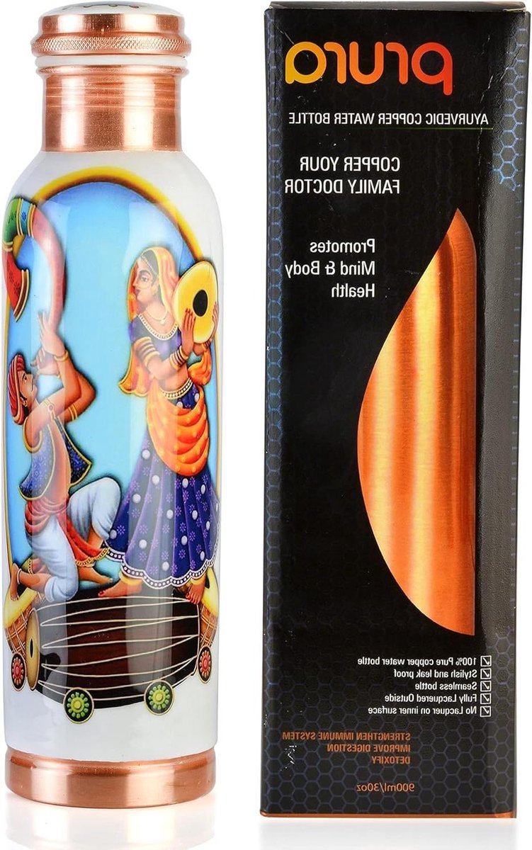 Koperen Waterfles - Ayurvedisch Vat - Hydratatie Ondersteunen - Lekvrije Dop - 1 Liter - Ontwerp 11