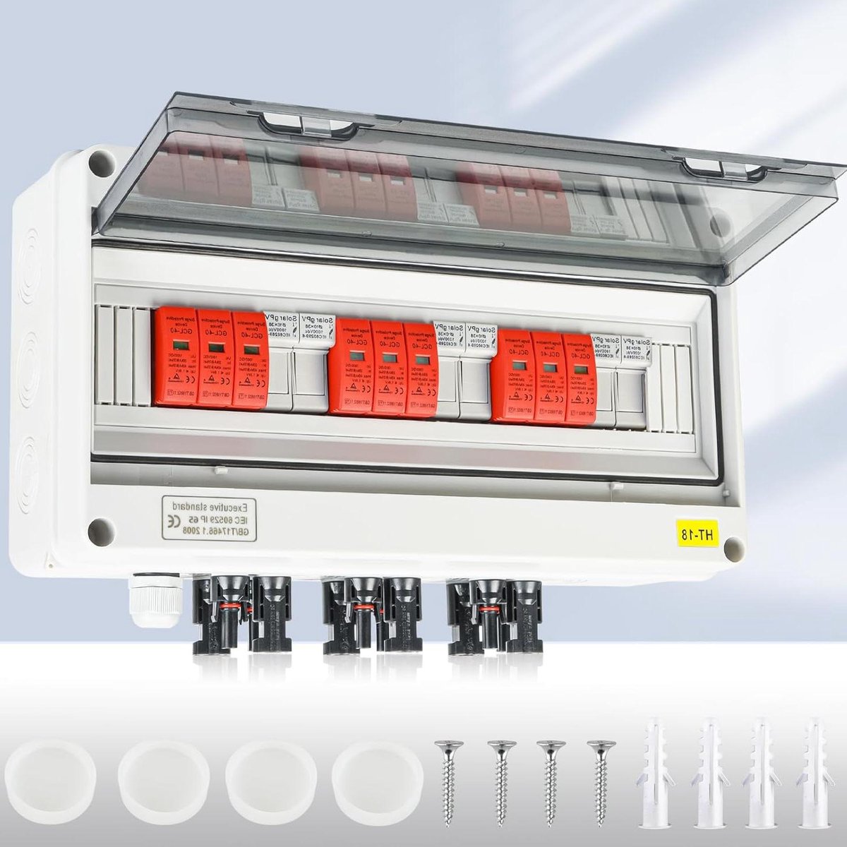 Overspanningsbeveiliging PV - Bliksembeveiliging Zonne-energie - Bescherming PV-installatie - IP65 Waterdicht UV-bestendig - 3 strings 18 modules - Grijs