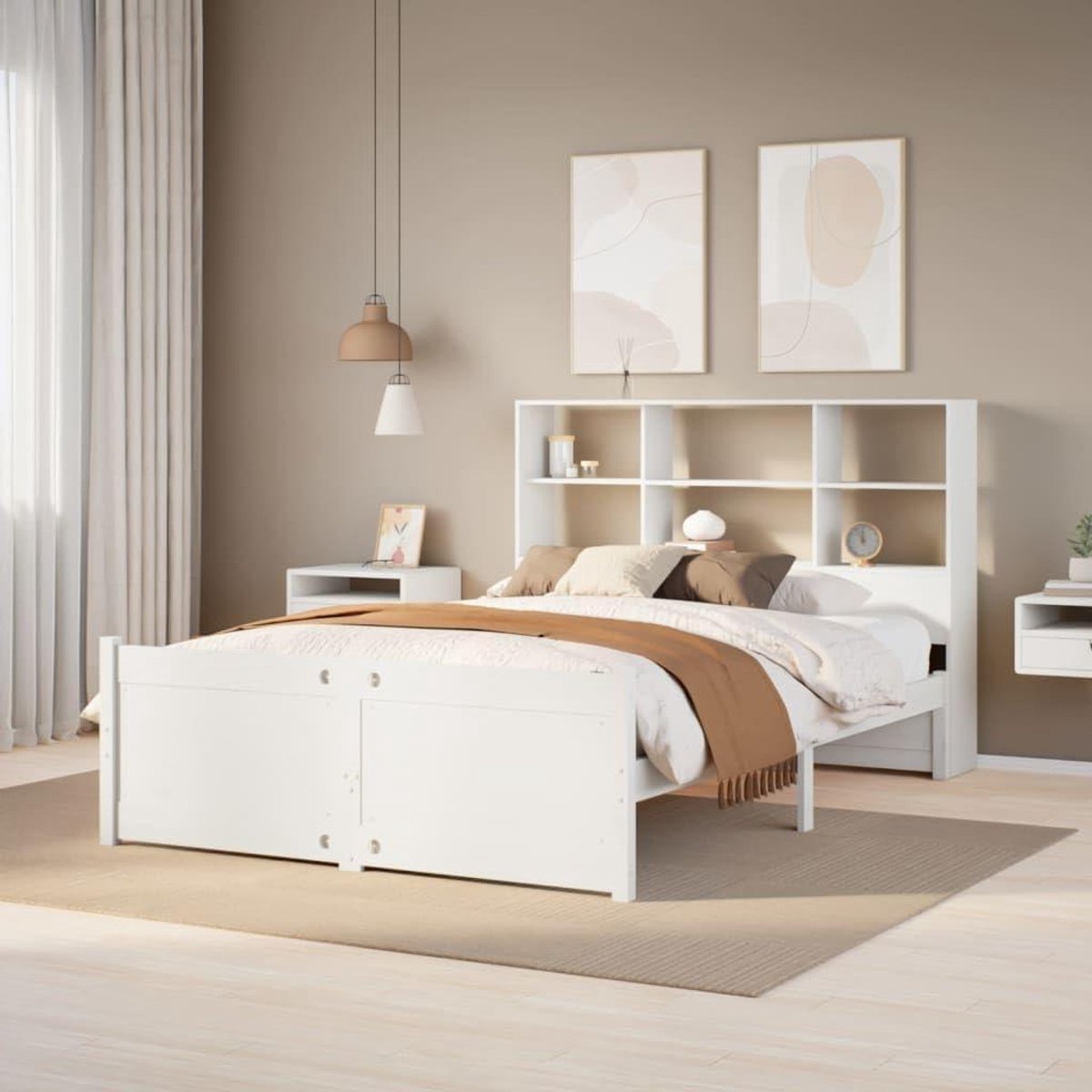 Bed met Boekenkast - Opbergbed Hout - Slaapkamer Organiseren - Boekenkast hoofdeinde - 120x200 cm - Wit