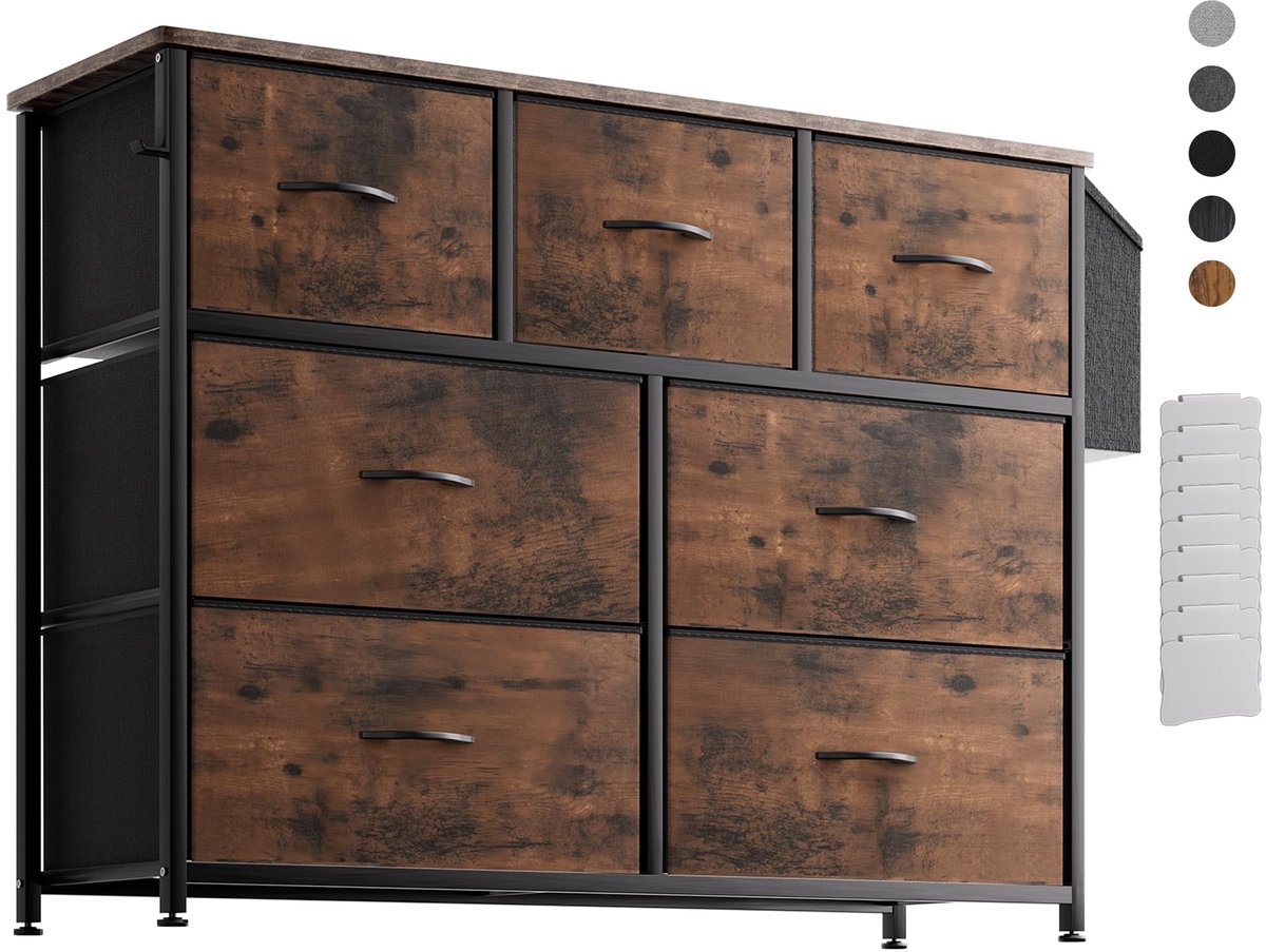 Ladekast Commode - Geurvrije Canvas Opbergunit met 7 Grote Laden, Etiketkaarten, Zijvak & Haak voor Woonkamer, Hal, Slaapkamer