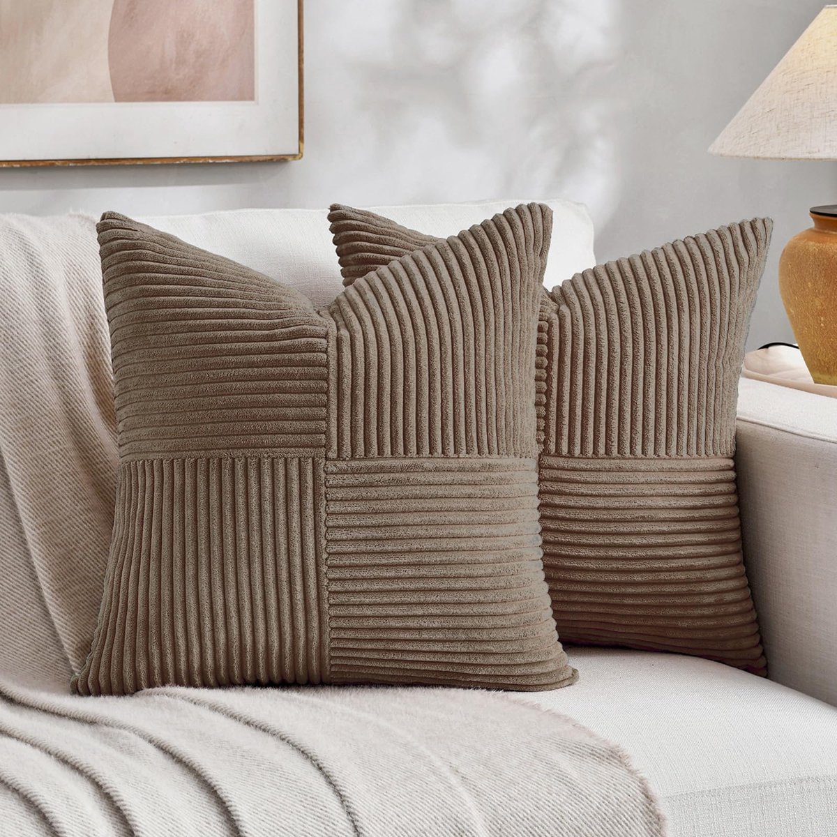 Set van 2 boho-kussenslopen voor bank, 45 x 45 cm, corduroy, modern, zacht, kruispatroon, decoratieve kussenslopen voor bank, slaapkamer, lichtbruin
