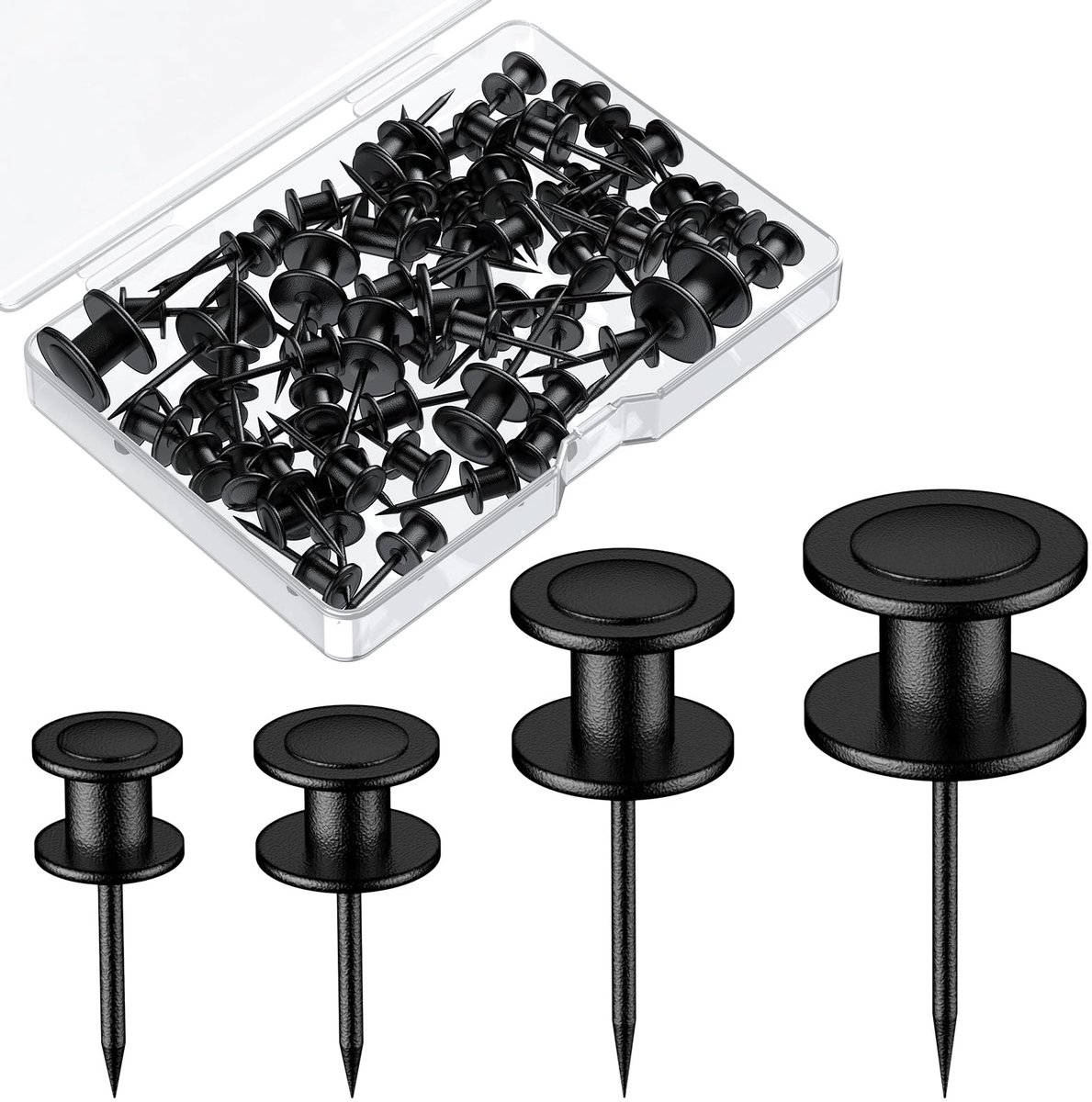60 stuks duimspijkers, dubbelkoppige fotohangers, 4 maten pushpins voor muur, foto hangende nagels, lange muurhaken voor foto's, fotolijst, wandtapijt en decoratie, zwart