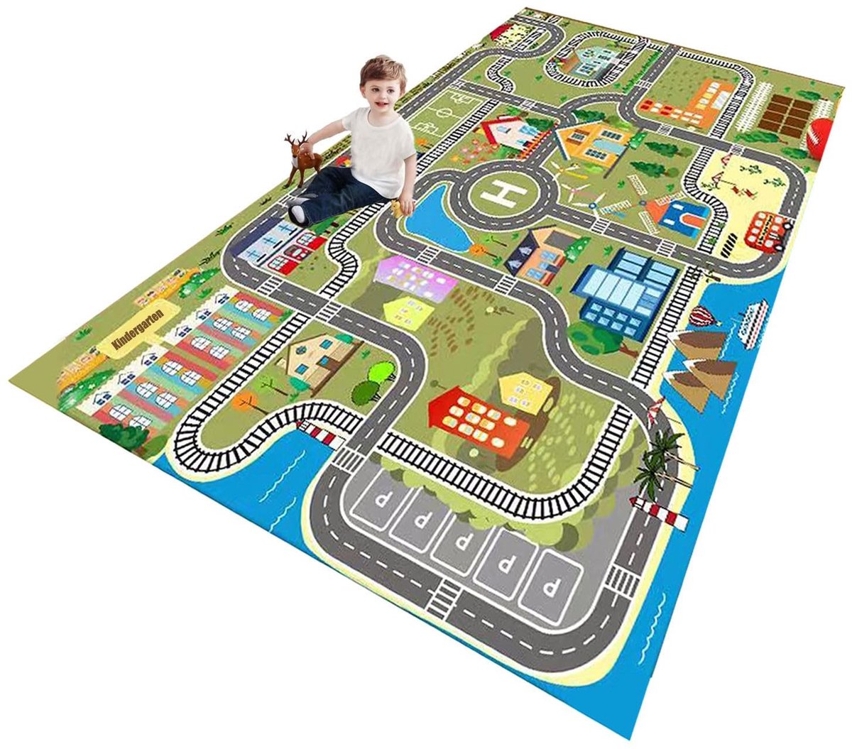 Kindertapijt Speeltapijt Autotapijt voor kinderen Babykleed Stratenvloerkleed Groen Grijs 160X230CM