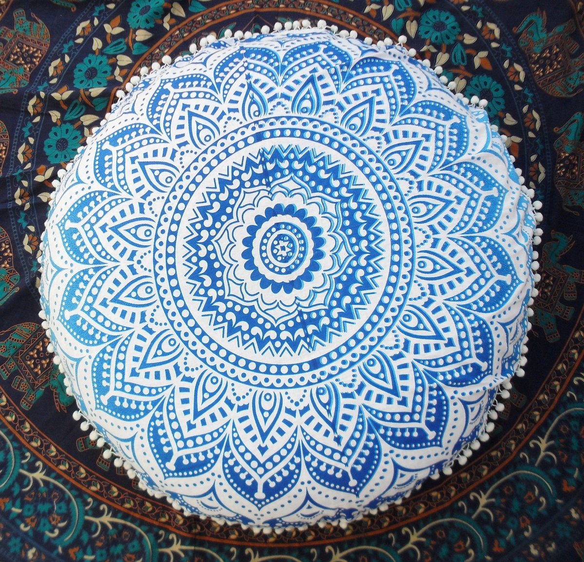 Vloerkussen, Indiase poef, bedrukt, pompon outdoor kussenhoes, boho-kussensloop, huisdierbeddengoed, decoratieve kussenslopen 81,3 cm (invoegen zonder vuller)