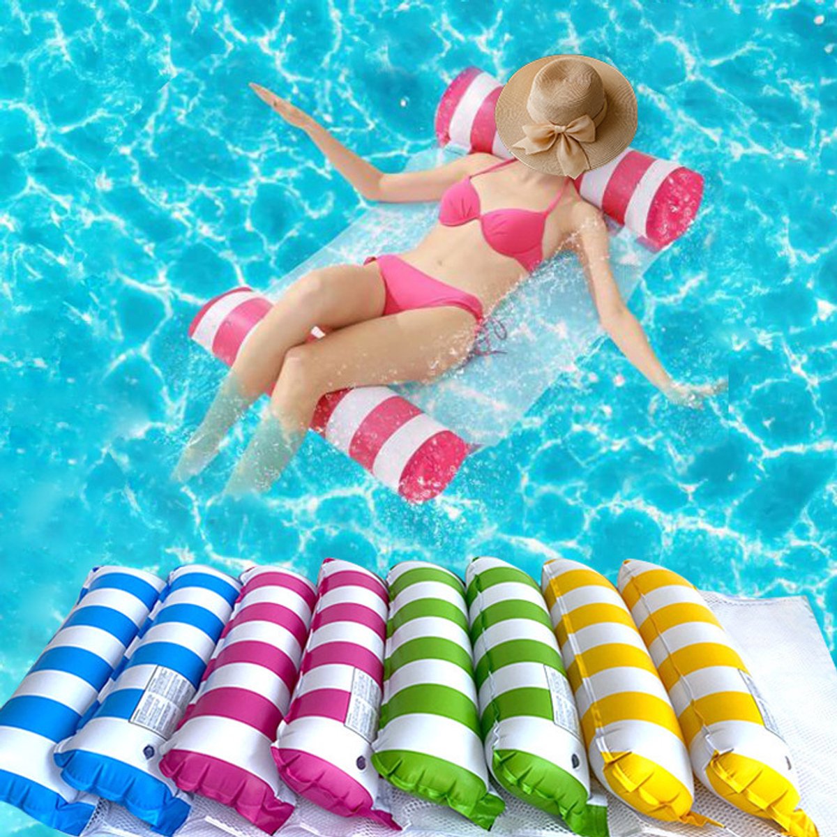 Opblaasbaar zwembed - Drijvend bed - Strandstoel - Watermatras - Waterhangmat - Opvouwbaar - Inclusief luchtpomp, kan tot 200 kg dragen - 125 x 70 cm - Geschikt voor zwembaden, stranden en meren - Oranje – foto 5