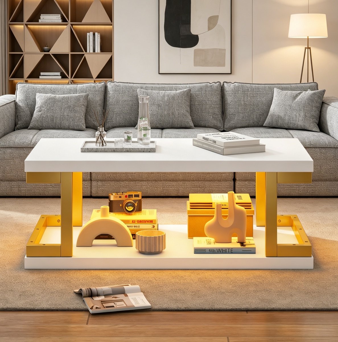HAUSS SPOLE Salontafel - Rechthoekige Tafel Met Ledverlichting En Open Opbergruimte - Voor Woonkamer En Werkkamer - MDF En Metaal - 100x50x37,5 Cm - Wit Goud