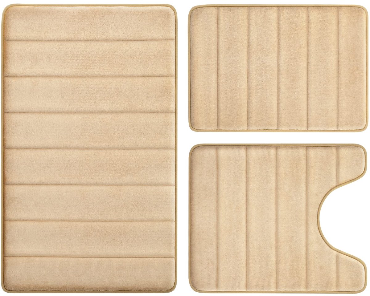 Beige/Camel Badkamer Tapijt Set 3 Stuk Antislip Extra Absorberend Shaggy Memory Foam Badkamermatten en Tapijten Sets, Zachte & Droog Badmat Sets voor Badkamer Wasbare Tapijten Set