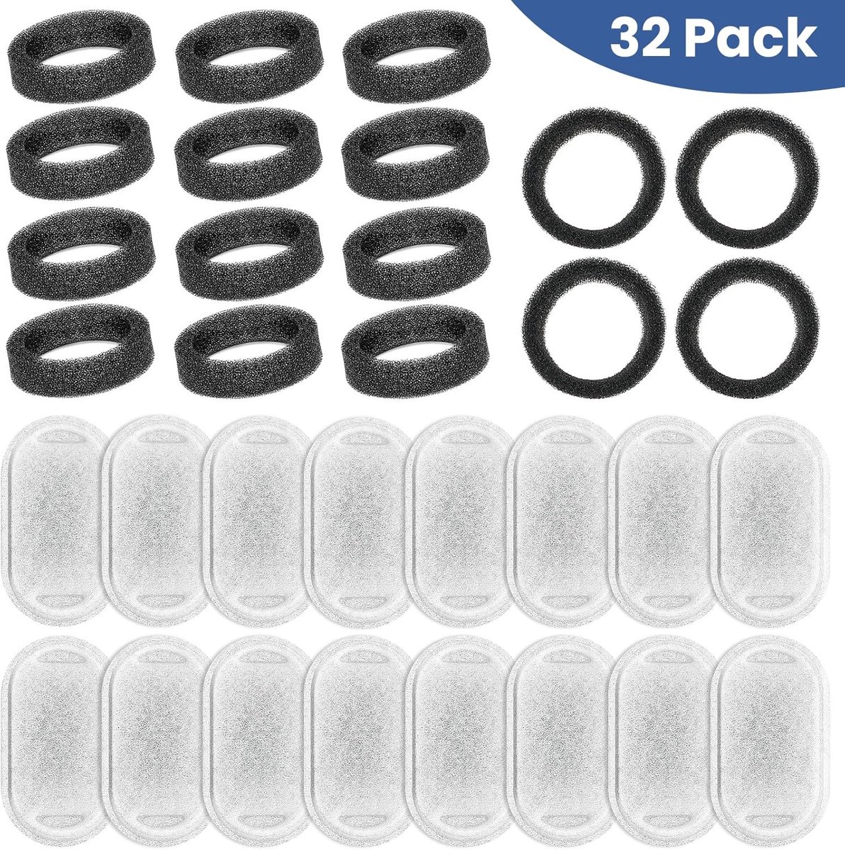 Vervangingsfilter voor kattenfontein, 32 stuks huisdierfonteenfilters, geschikt voor 64 ounce/2 liter en 10 ounce/3,2 liter roestvrijstalen drinkfonteinen voor katten, geschikt voor PETLIBRO filterwol-Stijl 1