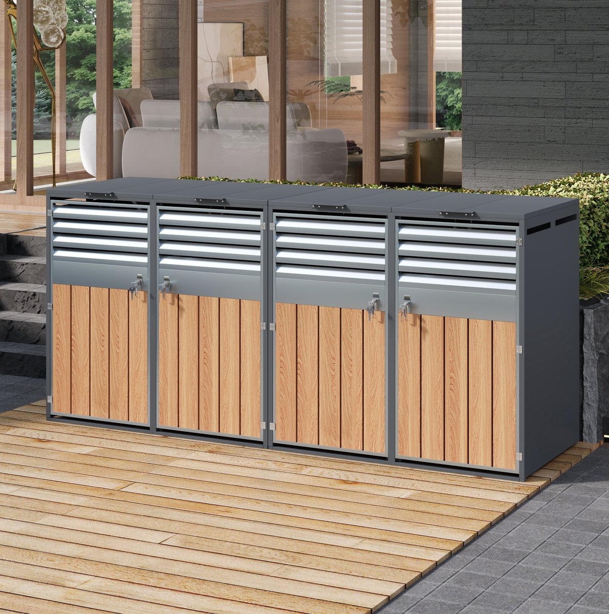MIVRAY Containerberging – 4-Vaks Afsluitbaar Met Klapdeksel En Ventilatieroosters – 264 x 118,5 x 80 Cm – Metaal – Grijs Houtlook – Buitenopslag