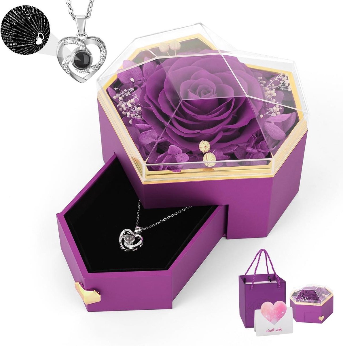 Eeuwige Roos - Bewerkte Bloem - Cadeau Geven - Met Hart Ketting - 12.7 cm - Paars