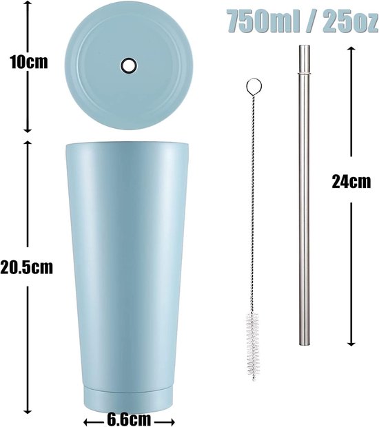 Iced Coffee Cup - Reisbeker Thermos - Drinken Koel Houden - Dubbelwandige Isolatie - 750ml Inhoud - Hemelsblauw — afbeelding 4