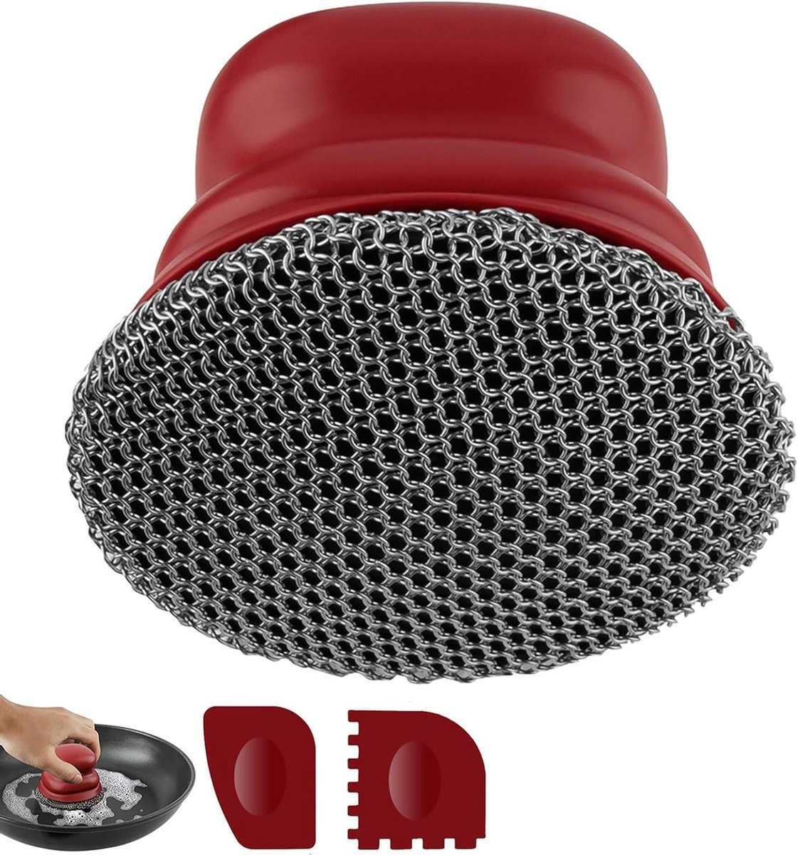 Gietijzeren Pan Reiniger - Ketting Schrobber - Keuken Reinigen - Inclusief Krabbers - 9 x 9 x 8.3 cm - Rood