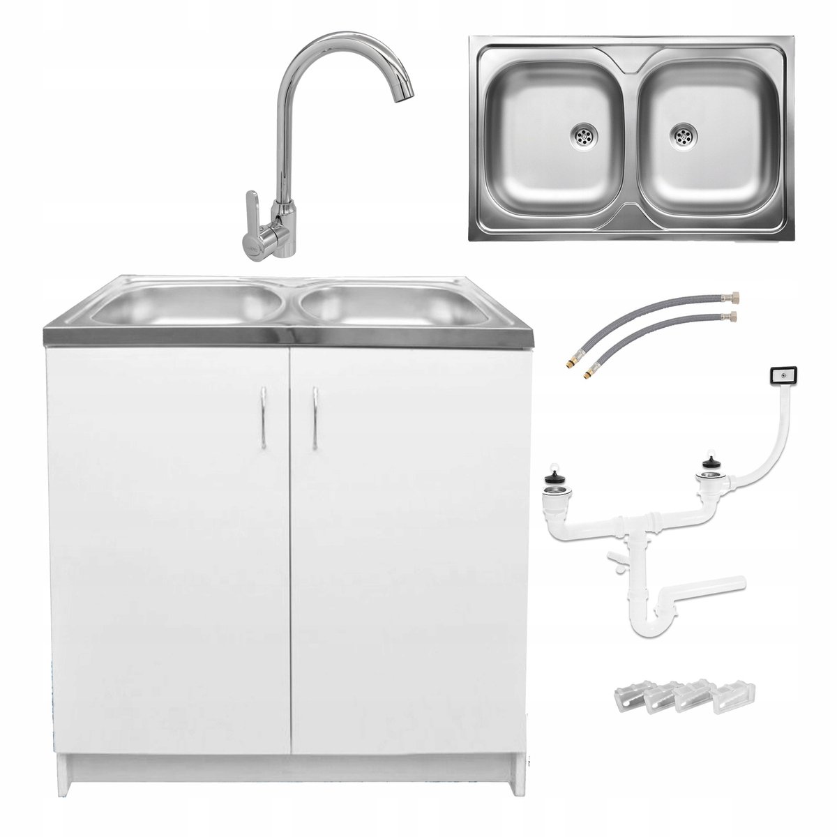 STAMAR Keukenonderkast 80 cm - wit - met 2-baks spoelbak, keukenkraan en sifon