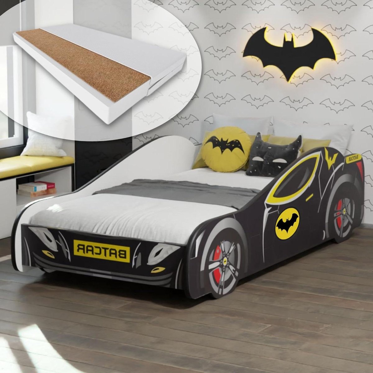 Autobed Kinderbed - Speelgoedbed Racer - Veilig Slapen - Inclusief Matras Bodem - 70x140 cm - Zwart