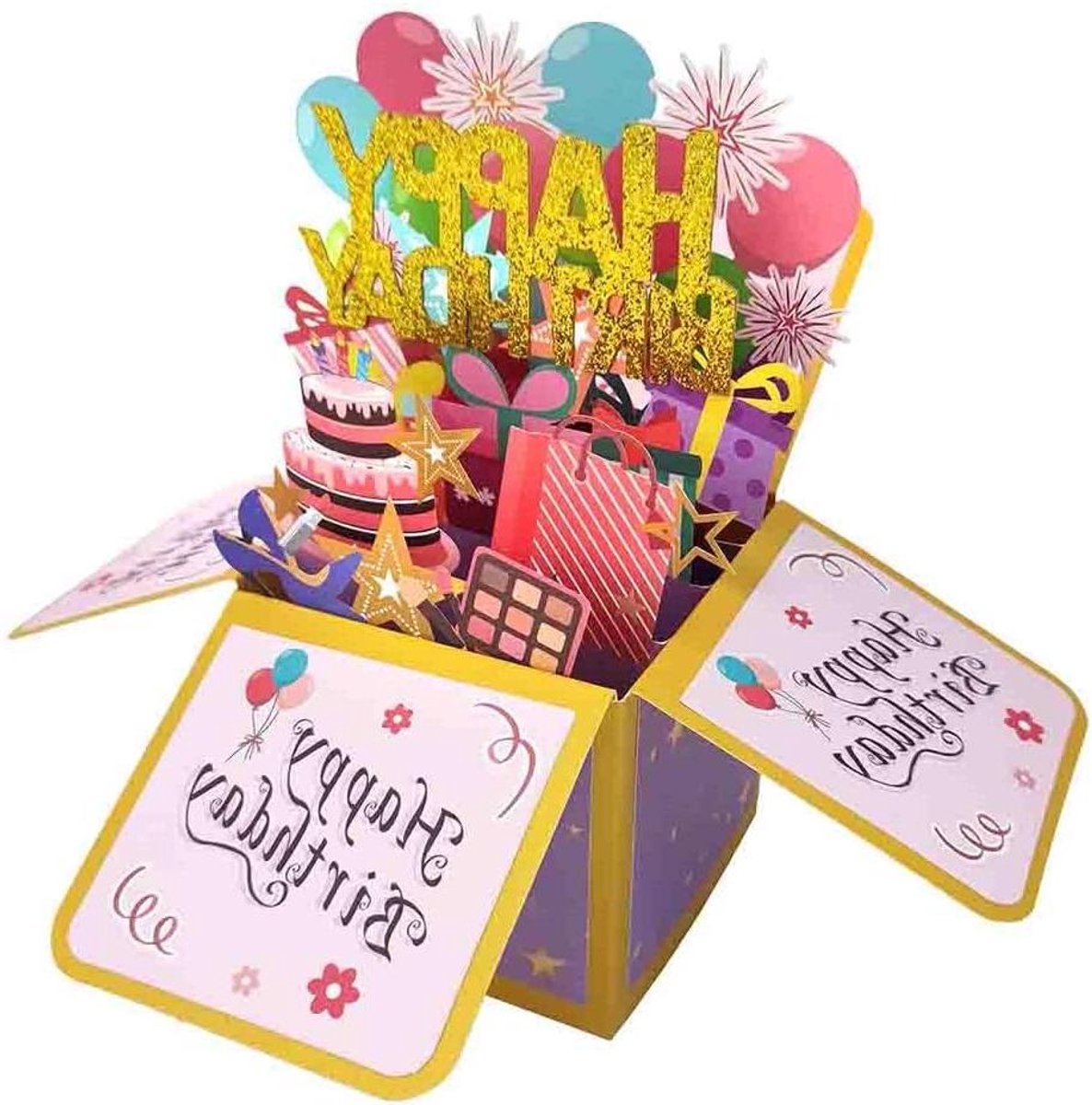 Verjaardagskaarten - Pop-up kaarten - Feestelijke groeten - Drie dimensionaal ontwerp - 18 cm hoog - Roze en goud