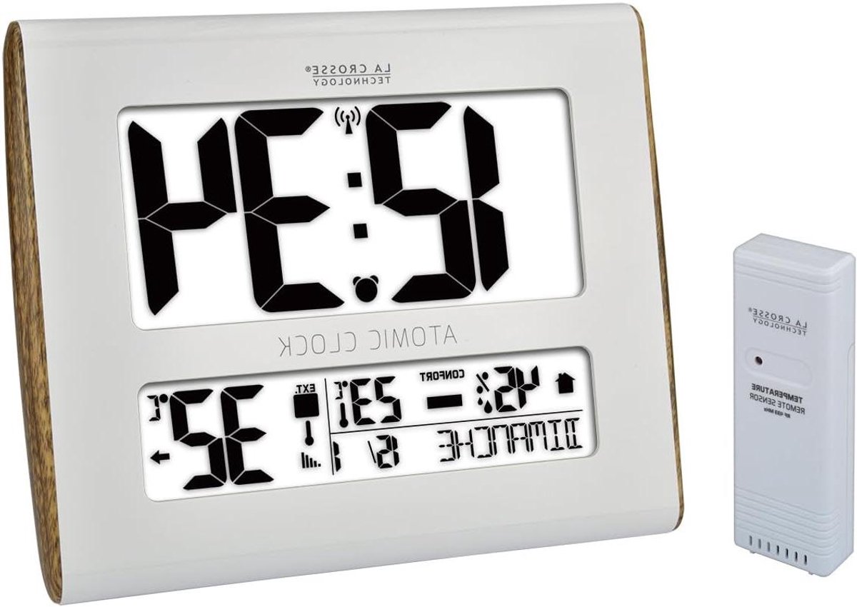 Wandklok met weergave - Digitale klok - Tijd en weer - Binnen en buiten - 24 cm hoog - Wit hout