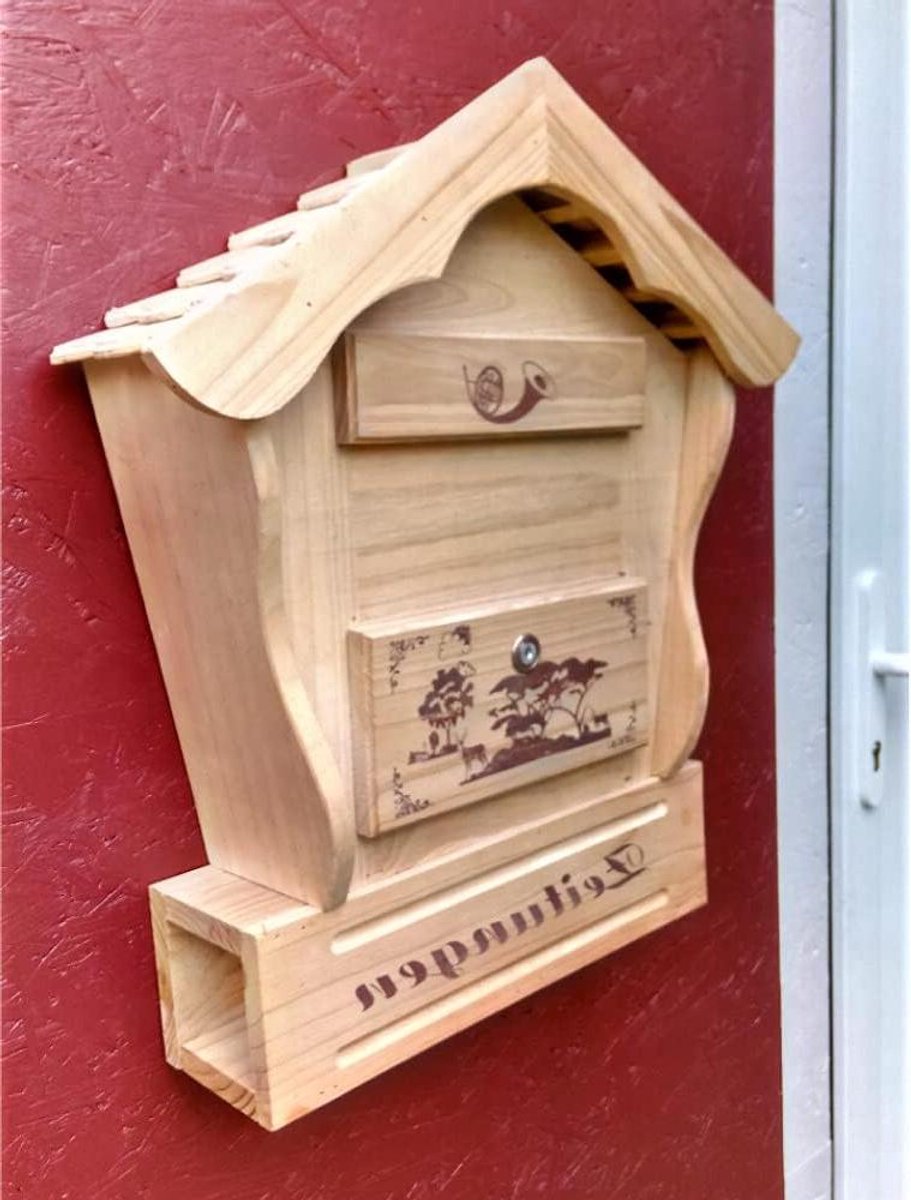 Houten Buitenmailbox - Brievenbus Huisje - Post Ontvangen - Met Krantenbak - 57 x 55 x 15 cm - Natuurlijk Hout